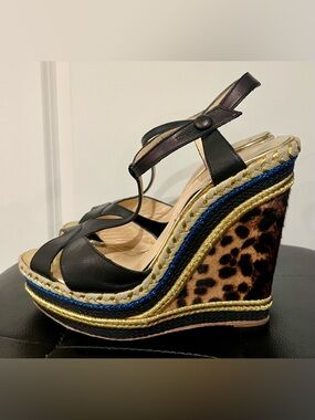 Louboutin Trotolita Leopard Pony Hair Wedge Espadrilles Sandals